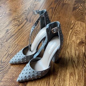 Studded gray heels with ankle strap